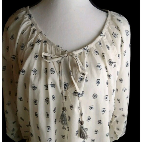 Love Stitch Cream Navy Embroidered Blouse Tassels Boxy Fit Oversized S/M Ruched - Picture 6 of 9